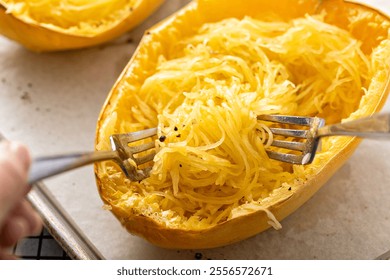 Spaghetti squash baked and pulled apart with two forks, ready to eat on a baking pan