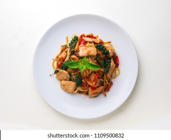 Spaghetti Thai Pad Kee Mao Spicy Food Top View On White Background 