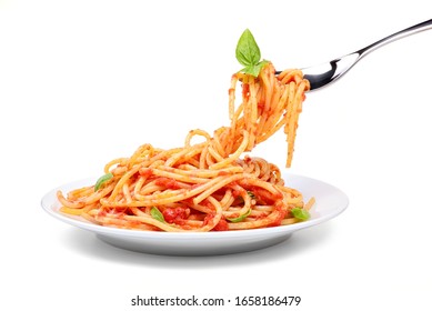 Spaghetti with tomato and basil on white background. - Shutterstock ID 1658186479