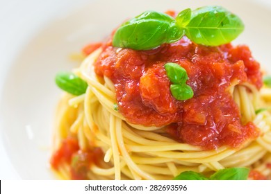     Spaghetti With Tomato, Chilli And Basil Leaves