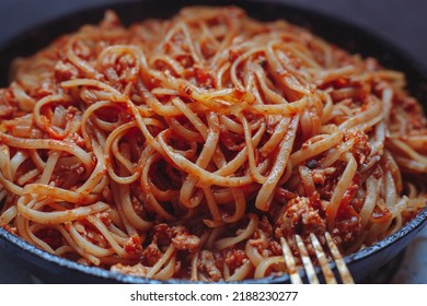 Spaghetti With Tomato And Minced Meat In A Frying Pan. Ready Meal Pasta