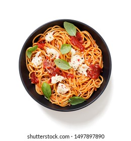 Spaghetti with  tomato sauce, parmesan and mozzarella cheese decorated with basil.isolated on white background - Powered by Shutterstock