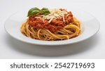 Spaghetti with Tomato Sauce: A plate of spaghetti topped with rich tomato sauce, shredded cheese, and a basil leaf, arranged in a neat circular fashion on a white plate.