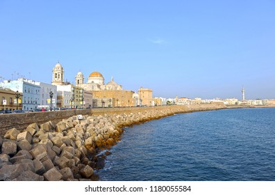 Cádiz, Spain - Aug 20, 2012: Cityscape Of Cadiz With The Cathedral And The Atlantic Ocean, Andalusia, Spain