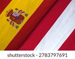Spain and Austria flags overlapping, close-up fabric texture, symbolizing diplomacy, sportsmanship, and European international competition.