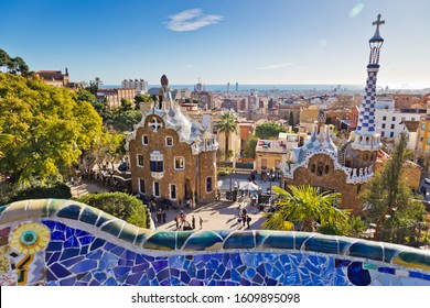 SPAIN, BARCELONA - OCT 22, 2019:  Guell Park, Barcelona, Cataloania, Spain. Protected By UNESCO, Architect Antoni Gaudí.
