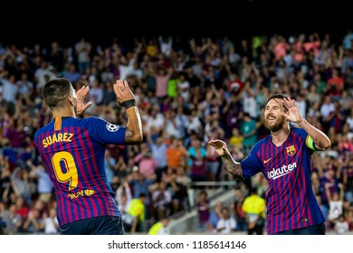 SPAIN, BARCELONA - September 18 2018: Lionel Messi (r) Scores And Celebrates With Luis Suarez (l) During The FC Barcelona - PSV Champions League Match