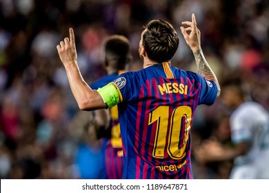 SPAIN, BARCELONA - September 18 2018: Lionel Messi Celebrates And Thanks God During The FC Barcelona - PSV Champions League Match