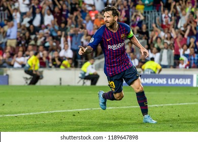 SPAIN, BARCELONA - September 18 2018: Lionel Messi Celebrates He's Goal But Points Towards Man Of The Assist During FC Barcelona - PSV