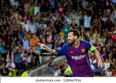 SPAIN, BARCELONA - September 18 2018: Lionel Messi Celebrates He's Goal But Points Towards Man Of The Assist During FC Barcelona - PSV