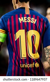 SPAIN, BARCELONA - September 18 2018: Lionel Messi Shirt On The Back With Number 10 During The FC Barcelona - PSV Champions League Match