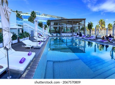 SPAIN, BARCELONA, SEPTEMBER, 2021 - Recreation area with swimming pool on the territory of the W Hotel or Hotel Vela in Barcelona, Catalonia, Spain