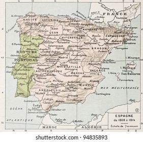 Spain between 1808 and 1814 old map. By Paul Vidal de Lablache, Atlas Classique, Librerie Colin, Paris, 1894