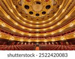 Spain, Catalonia, Barcelona beautiful historical architecture, interior, theatre, auditorium, large hall with chairs and beautiful ceiling