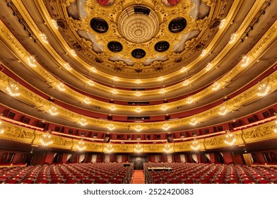 Spain, Catalonia, Barcelona beautiful historical architecture, interior, theatre, auditorium, large hall with chairs and beautiful ceiling - Powered by Shutterstock