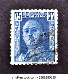 Spain - Circa 1946 : Cancelled Postage Stamp Printed By Spain, That Shows General Francisco Franco Bahamonde, Circa 1946.