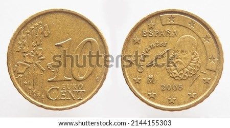 Spain - circa 2005: a 10 cent coin of Spain with the map of Europe and the portrait of the writer Miguel de Cervantes