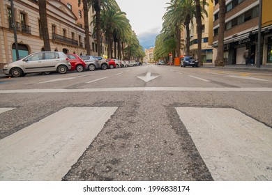 Málaga, Spain - February 22, 2021:Low Angle View Of The Streets Of Malaga In The Soho Neighborhood.