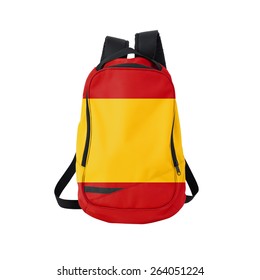 Spain Flag Backpack Isolated On White Background. Back To School Concept. Education And Study Abroad. Travel And Tourism In Spain