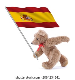 Spain Flag Being Carried By A Cute Teddy Bear