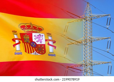 Spain Flag On Electric Pole Background. Power Shortage And Increased Energy Consumption In Spain. Energy Development And Energy Crisis In Spain