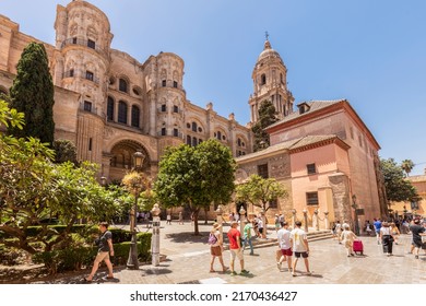 Málaga, Spain, June 10, 2022; View Of The Facade Of The Malaga Cathedral Or Santa Iglesia Catedral Basílica De La Encarnación.