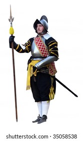 Spain knight with a lance and sword. Solid white background.