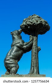 Spain, Madrid, April, 14-2018: Statue of Bear and strawberry tree a Symbol of Madrid, Puerta del Sol