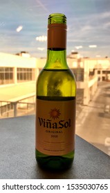 Málaga, Spain - October 18, 2019: Vina Sol Original 2018 25 Ml Bottle Of Wine In The Airport With A View.