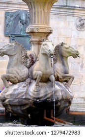 Spain, Santiago. Horse Headed Fountain Near Cathedral Santiago De Compostela.