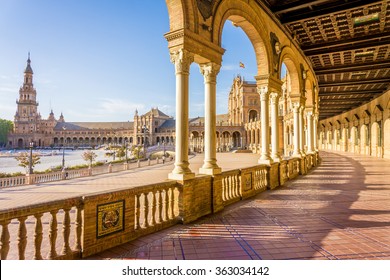 Spain Square (Plaza De Espana), Seville, Spain, Built On 1928, It Is One Example Of The Regionalism Architecture Mixing Renaissance And Moorish Styles.