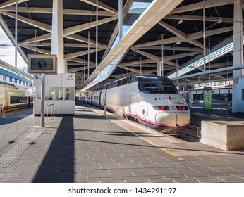 SPAIN, VALENCIA - OCT 15, 2018 : Renfe Train Station Hi Speed Train On Platform Spanish National Railway Company