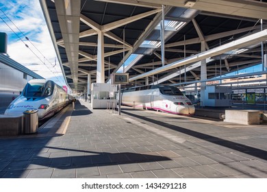 SPAIN, VALENCIA - OCT 15, 2018 : Renfe Train Station Hi Speed Train On Platform Spanish National Railway Company