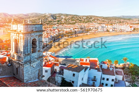 Spain. Valencia,  Peniscola. View of the sea from a height of Pope Luna's Castle. The medieval castle of the Knights Templar on the beach. Beautiful view of the sea and the bay. Mediterranean Sea. 
