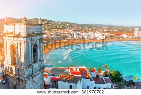 Spain. Valencia,  Peniscola. View of the sea from a height of Pope Luna's Castle. The medieval castle of the Knights Templar on the beach. Beautiful view of the sea and the bay. Mediterranean Sea. 