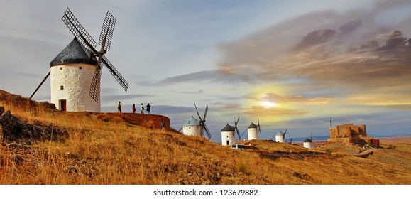 Spain, windmills on sunset,