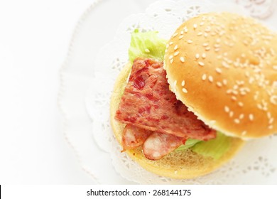 Spam Burger With Sausage For Hawaiian Food Image In Diorama Style