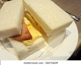 Spam And Egg Sandwich On Wooden Table