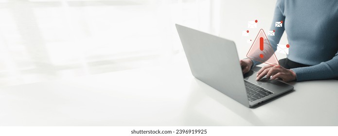 Spam email inbox notification, virus detection sent with email, warning to prevent computer virus infection, virus scanning, spam email dangerous equipment, warning symbol.