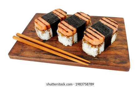 Spam Musubi With Grilled Pork Luncheon Meat And Sushi Rice Wrapped With Roasted Seaweed Nori Isolated On A White Background