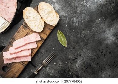 Spam Sandwich Set, On Black Dark Stone Table Background, Top View Flat Lay, With Copy Space For Text