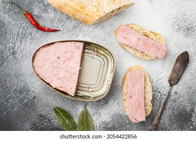 Spam Sandwich Set, On Gray Stone Table Background, Top View Flat Lay