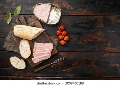 Spam Sandwich Set, On Old Dark  Wooden Table Background, Top View Flat Lay, With Copy Space For Text