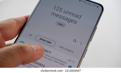 Spam Scam Via Sms On Smartphone, Jakarta, 24 January 2022.