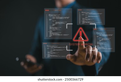 Spam virus with warning caution for notification on internet security protect. Businessman touch warning sign on virtual screen, Ransomware malware attack and data breach.
