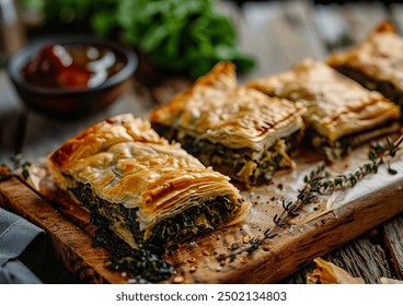 Spanakopita presented on a plate with crisp, golden-brown pastry edges, captured in an angle view. Professional food photography highlighting Greek cuisine. - Powered by Shutterstock