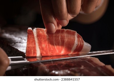 Spanish acorn-fed Iberian ham. Iberian ham cutter hand cutting slice for tasting. Typical high quality slice of Iberian ham with its veins and fat. - Powered by Shutterstock