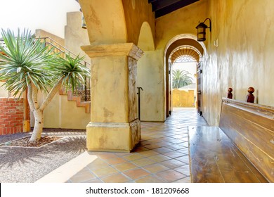 Spanish Architecture Court Yard Details With Bench In San Diego Old Town.