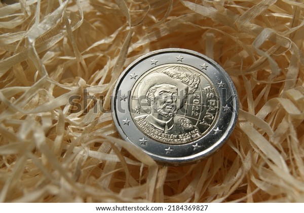 Spanish circulating\
commemorative coin 2 Euro Circumnavigation\
 2022. European\
bimetallic coin.
