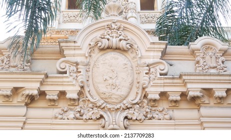 Spanish Colonial Revival Architecture In Balboa Park, San Diego, California USA. Historic Building In Classic Baroque Or Rococo Romance Style. Casa Or Old Castle Ornamental Stucco Decor, Antique Art.